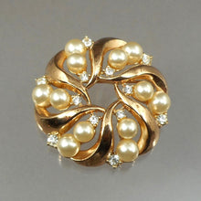Load image into Gallery viewer, Excellent Vintage 1954 Signed Crown Trifari Brooch Pin - Trade Winds Jewelry Collection by Alfred Philippe - "Trifanium" Gold Tone, Rhinestones, Faux Pearls