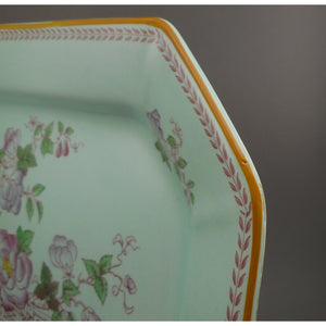 Vintage Adams Calyx Ware Metz Pattern 12" Oval Platter - Circa 1930 English Ironstone - Blue Green with Pink Flowers - Made in England