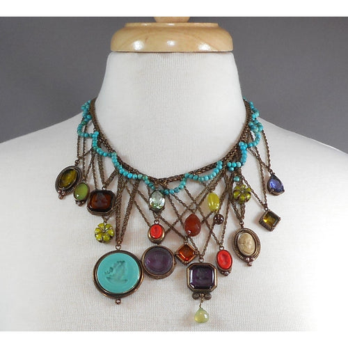 Rare Vintage Extasia Victorian Revival Bib Collar Necklace - Pressed German Glass Intaglio and Cameo Stones - Charms, Bronze Chains and Turquoise Beads - Adjustable