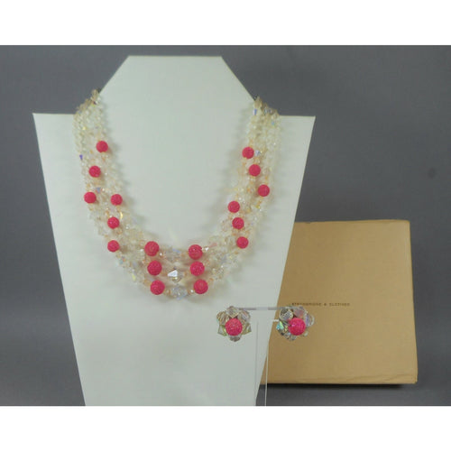 Vintage circa 1940 / 1950 Sugar Bead Set - Necklace and Clip On Cluster Earrings - AB Crystal Glass, Aurora Borealis and Bright Pink