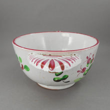 Load image into Gallery viewer, Antique French Faience Pottery Porringer Bowl with Lug Handles - Handpainted Rooster Chanticleer and Flowers - marked France - White Red Pink