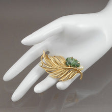 Load image into Gallery viewer, Excellent Vintage Lisner Feather / Leaf Brooch - Matte Gold Tone, Green and White Gemstone, Faux Pearls - Signed Designer Pin - Estate Jewelry Collection