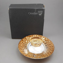 Load image into Gallery viewer, New In Box Orrefors Kosta Boda Discus Gold Art Glass Votive Candle Holder - Designed by Lars Hellsten, Made in Sweden - Unused NIB