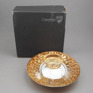 New In Box Orrefors Kosta Boda Discus Gold Art Glass Votive Candle Holder - Designed by Lars Hellsten, Made in Sweden - Unused NIB