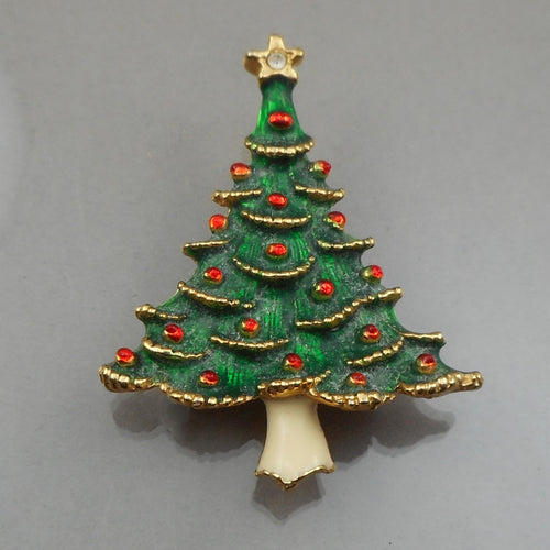 Excellent Vintage Christmas Tree Brooch Lapel Pin - Gold Tone, Green Enamel, Red Ornaments, Rhinestone Star