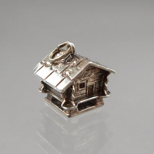 Vintage Silver Plate Log Cabin Cottage Bracelet Charm or Pendant Estate Jewelry