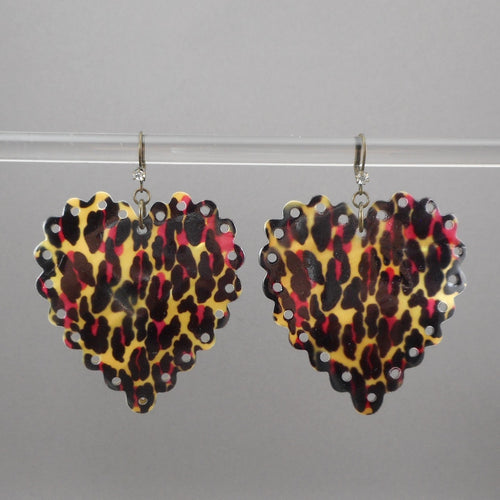 Vintage Betsey Johnson Leopard Heart Dangle Earrings - Mother of Pearl Shell, Pink and Black Animal Print - Wires for Pierced Ears - Signed, Designer, Estate Collection Jewelry
