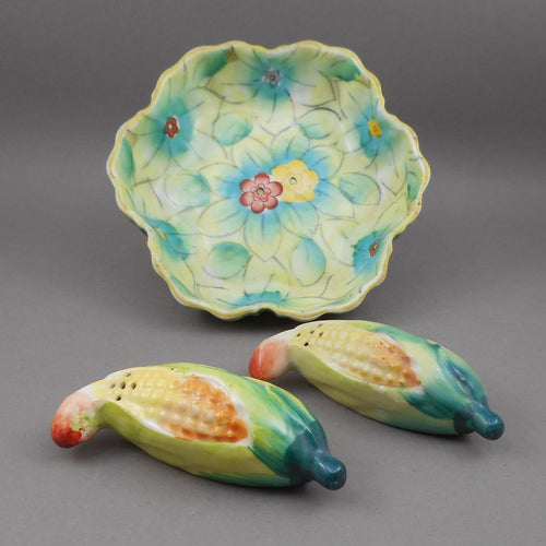 Set of Vintage MIJ Figural Salt and Pepper Shakers - Corn on the Cob - Ardalt Lenwile Flower Form Trinket Dish - Occupied Japan - Hand Painted China
