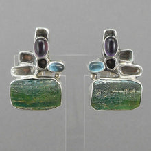 Load image into Gallery viewer, Vintage Handmade Modernist Design Clip On Earrings -  Signed YP - Sterling Silver with Natural Stones, Blue, Green, Purple