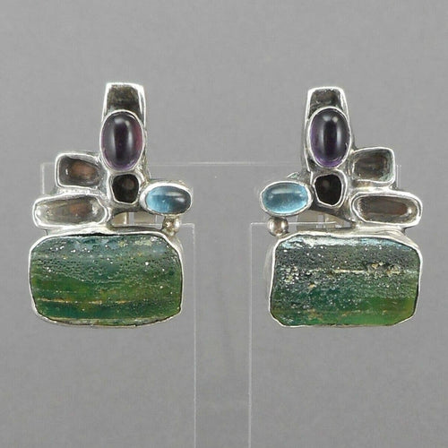 Vintage Handmade Modernist Design Clip On Earrings -  Signed YP - Sterling Silver with Natural Stones, Blue, Green, Purple