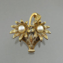 Load image into Gallery viewer, Excellent Vintage Spanish Damascene Souvenir Sunflower Basket Brooch - circa 1950 - Faux Pearls, Black, Silver, Gold Tone Pin - Spain Travel and Tourism