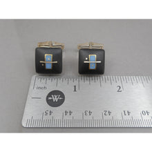 Load image into Gallery viewer, Vintage Handmade Eileen Sutton Cufflinks - US Artisan Studio Jewelry - Post Modern Style - 14K Gold Filled Sterling Silver, Black and Blue Resin