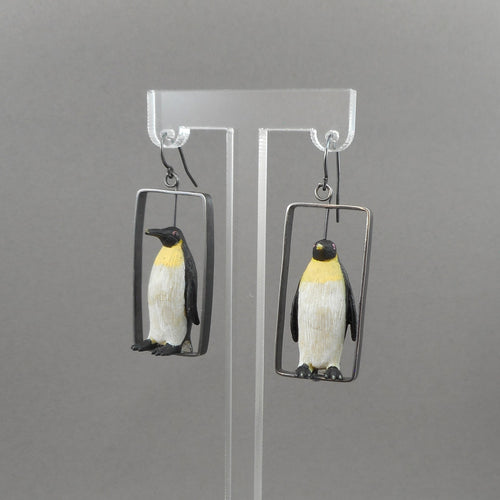 Vintage Penguin Dangle Earrings - Oxidized Sterling Silver with Soft Plastic Birds - Artisan Figural Animal Jewelry - Wires for Pierced Ears