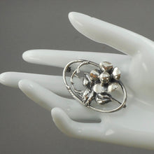 Load image into Gallery viewer, Vintage Victorian Revival Style Repousse Sterling Silver Rose Flower Brooch Oval Lapel Pin