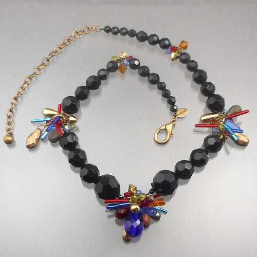 Vintage Chico's Adjustable Choker to Pendant Necklace with Multicolor Beads - 1990s Estate Costume Jewelry - Glass, Plastic and Metal - Black, Gold, Blue, Red, Green