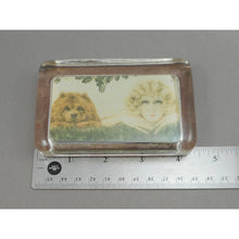 Load image into Gallery viewer, Vintage Glass Louis Icart Paperweight Art Deco Era Print - &quot; Two Beauties &quot;, circa 1930 - Woman with Chow Dog