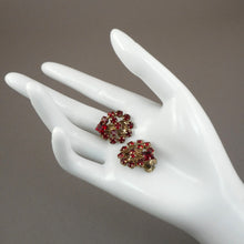 Load image into Gallery viewer, Vintage 1950s Red Rhinestone Clip On Earrings - Flower Basket Design, Gold Tone