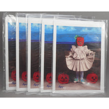 Load image into Gallery viewer, Set of 5 Vintage Peter Paone Fine Art Halloween Blank Greeting Card - Girl with Pumpkin Head - Collage and Paint on Victorian Photograph of a Child - circa 1990