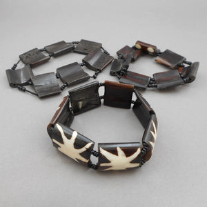 3 African Batik Dyed Cow Bone Bracelets - Lot of Stacking Bangles with Black Maasai Glass Seed Beads - Handmade Ethnic, Tribal, Jewelry