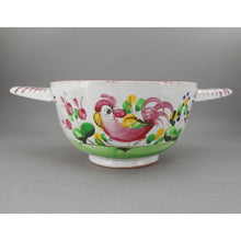 Load image into Gallery viewer, Antique French Faience Pottery Porringer Bowl with Lug Handles - Handpainted Rooster Chanticleer and Flowers - marked France - White Red Pink