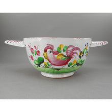 Load image into Gallery viewer, Antique French Faience Pottery Porringer Bowl with Lug Handles - Handpainted Rooster Chanticleer and Flowers - marked France - White Red Pink