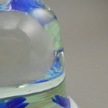 Load image into Gallery viewer, Large 5" Vintage circa 1970 Joe St. Claire Art Glass Bell Paperweight - White with Blue Lilies Flowers - Made in USA