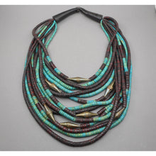 Load image into Gallery viewer, Vintage Gerda Lynggaard Monies, Denmark Multi Strand Necklace - Danish Artisan Jewelry - Carved Horn Clasp, Brown and Turquoise Coconut Beads, Stamped Brass Cones - circa 1970/1980