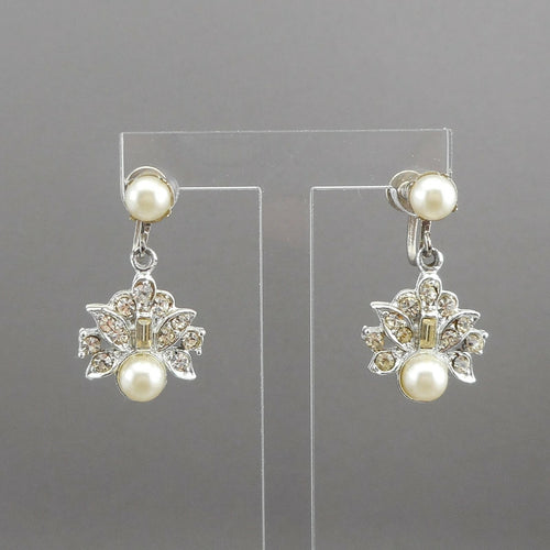 Vintage 60s Screw Back Formal Dangle Earrings Faux Pearl Rhinestone Silver Tone