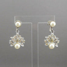 Load image into Gallery viewer, Vintage 60s Screw Back Formal Dangle Earrings Faux Pearl Rhinestone Silver Tone