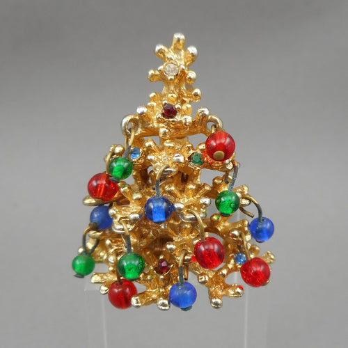 Excellent Vintage Schrager Christmas Tree Brooch Lapel Pin - Gold Tone, Multicolor Glass Ball Ornaments and Rhinestones - Circa 1960 - Estate Designer Costume Jewelry