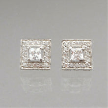 Load image into Gallery viewer, Vintage Sterling Silver and Crystal or CZ Cubic Zirconia Earrings - Open Back Square Stones - Stud Pierced Post - Signed ATI, Circa 1990