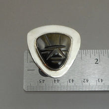 Load image into Gallery viewer, Vintage Handmade Mid Century Mexican Obsidian and Sterling Silver* Mask Brooch - Convertible Necklace Pendant / Pin - Signed RVF Mexico - Hand Carved Gold Black Stone Modernist Design