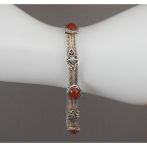 Vintage Middle Eastern Carnelian and Sterling Silver Bracelet - Multi Strand Chain with Oval Cabochons