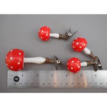 Load image into Gallery viewer, Antique Vtg German Blown Glass Mushroom Christmas Ornaments - Clip On - Lot of 3 - Double and Single - Red with White Polka Dots