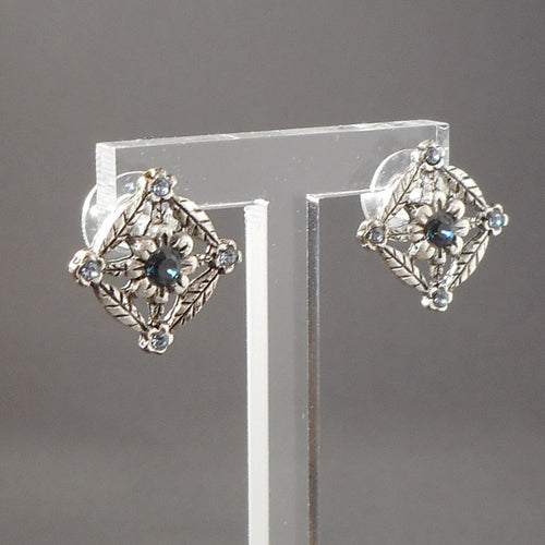 Vintage 80s Victorian Revival Post Earrings Pierced Silver Tone Blue Rhinestones