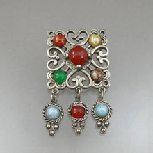 Load image into Gallery viewer, Vintage Scottish Celtic Miracle Style Talisman Brooch Lapel Pin - Silver Tone with Faux Gemstone Cabochons - Made in England
