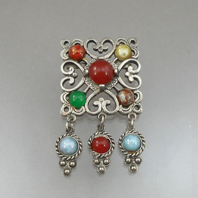 Vintage Scottish Celtic Miracle Style Talisman Brooch Lapel Pin - Silver Tone with Faux Gemstone Cabochons - Made in England