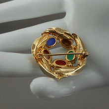 Load image into Gallery viewer, Excellent Vintage 12K Gold Filled Genuine Gemstone Egyptian Revival Brooch - circa 1960 by Burt Cassell - Scarab Pin with Semiprecious Stones - Tiger's Eye, Blue and Green Chalcedony, Rhodolite and Carnelian