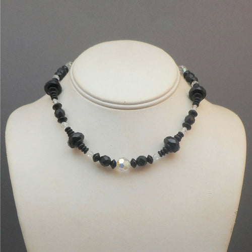 Vintage Art Deco French Jet Choker Necklace - Black Glass and AB Crystal Beads - Round, Bicone, Disc
