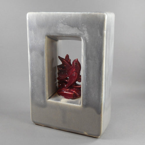 Vintage Circa 1950 McCoy Arcature Bird Vase - Gray and Maroon - Mid Century Modern Era - American Art Pottery, Made in USA