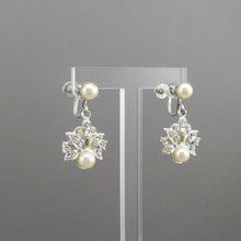 Load image into Gallery viewer, Vintage 60s Screw Back Formal Dangle Earrings Faux Pearl Rhinestone Silver Tone