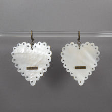 Load image into Gallery viewer, Vintage Betsey Johnson Leopard Heart Dangle Earrings - Mother of Pearl Shell, Pink and Black Animal Print - Wires for Pierced Ears - Signed, Designer, Estate Collection Jewelry