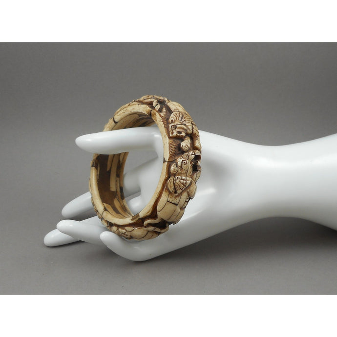 Vintage Carved Layered Cow Bone Bracelet - Elephant and Lion Figures - Large and Heavy Handmade Bangle