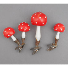 Load image into Gallery viewer, Antique Vtg German Blown Glass Mushroom Christmas Ornaments - Clip On - Lot of 3 - Double and Single - Red with White Polka Dots
