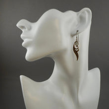 Load image into Gallery viewer, Vintage Handmade Mother of Pearl Bronze Feather Design Dangle Earrings - Gold, Silver and MOP, Artisan Crafted