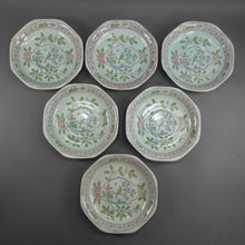 Load image into Gallery viewer, 6 Vtg Old Mark Adams Calyx Ware Singapore Bird Pattern Cup and Saucer Sets - Circa 1930 English Ironstone - Pale Blue Green with Pink Flowers - Made in England