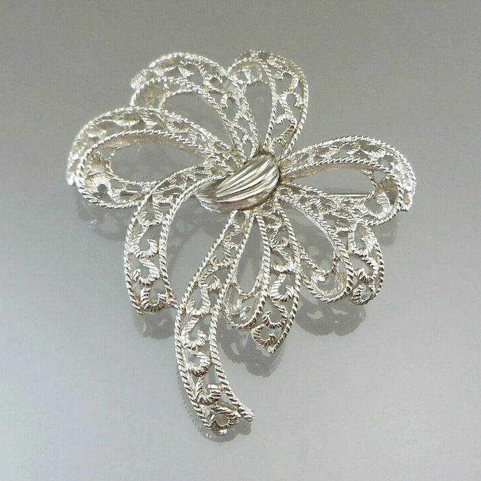 Large Vintage Crown Trifari Brooch - Silver Tone Filigree Bow, Signed Designer Pin