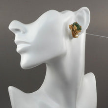 Load image into Gallery viewer, Vintage 1950s Kramer Clip On Earrings - Genuine Pearls, Jade, Gold Tone - Signed Designer Estate Costume Jewelry