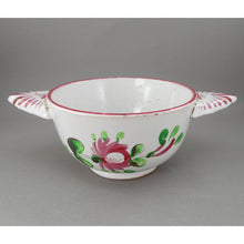 Load image into Gallery viewer, Antique French Faience Pottery Porringer Bowl with Lug Handles - Handpainted Rooster Chanticleer and Flowers - marked France - White Red Pink
