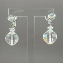 Load image into Gallery viewer, Vintage 1950s Signed Laguna Clip On / Screw Back Dangle Earrings - Iridescent Aurora Borealis Clear Glass Crystal Beads, Silver Tone